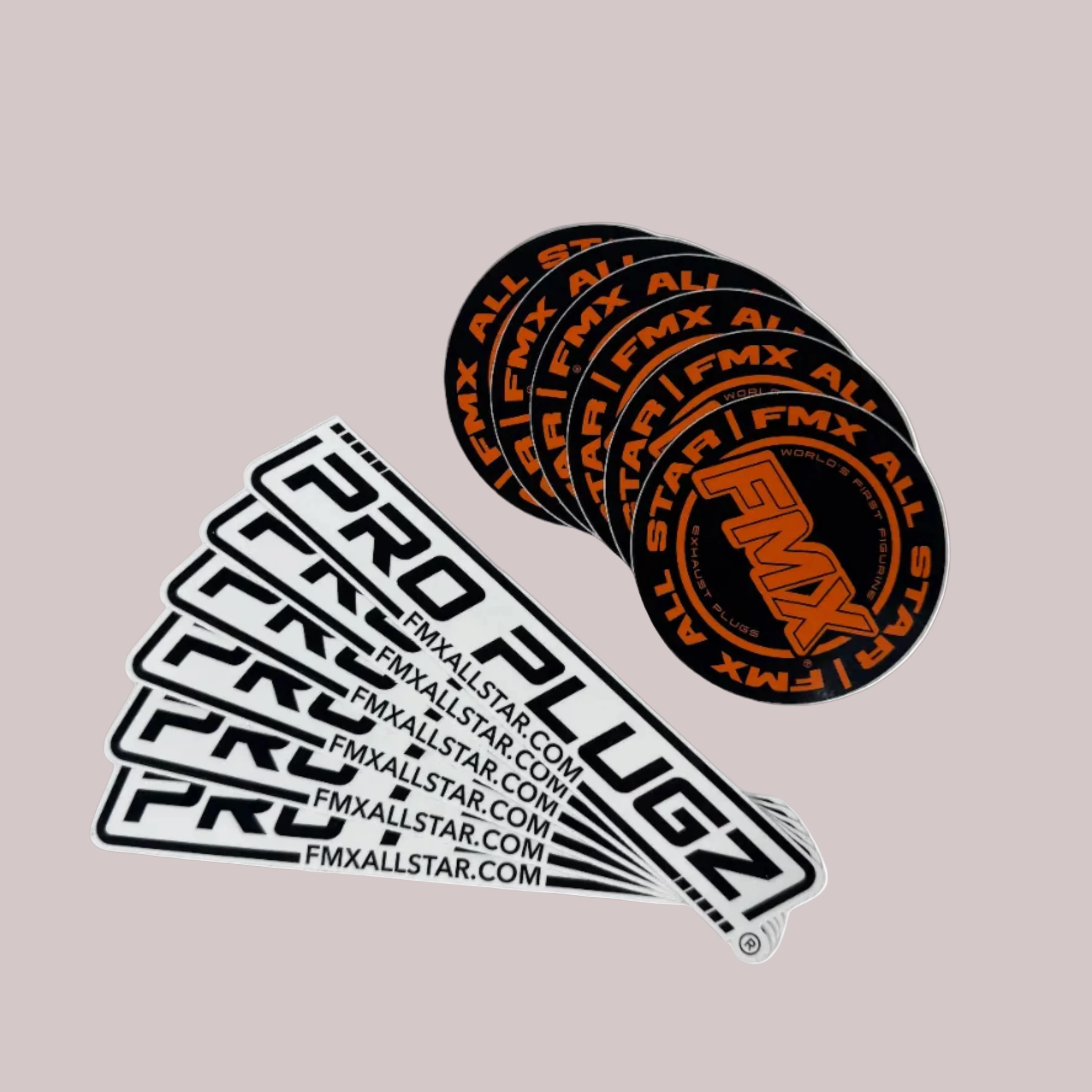 Set of Pro Plugz and FMX All Star branded stickers on a gray background